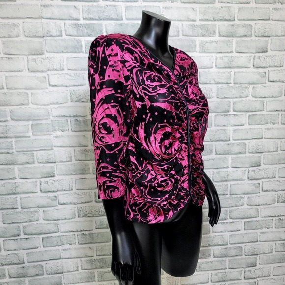 Vintage 80s Black Pink Burnout Velvet Sheer Snap Blouse Popover 3/4 Sleeve‎ - Picture 3 of 4